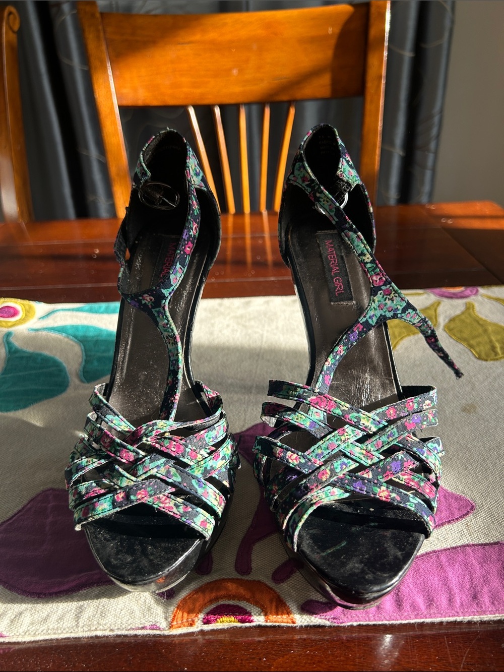 Material Girl Black Floral Strappy High Heel Sandals